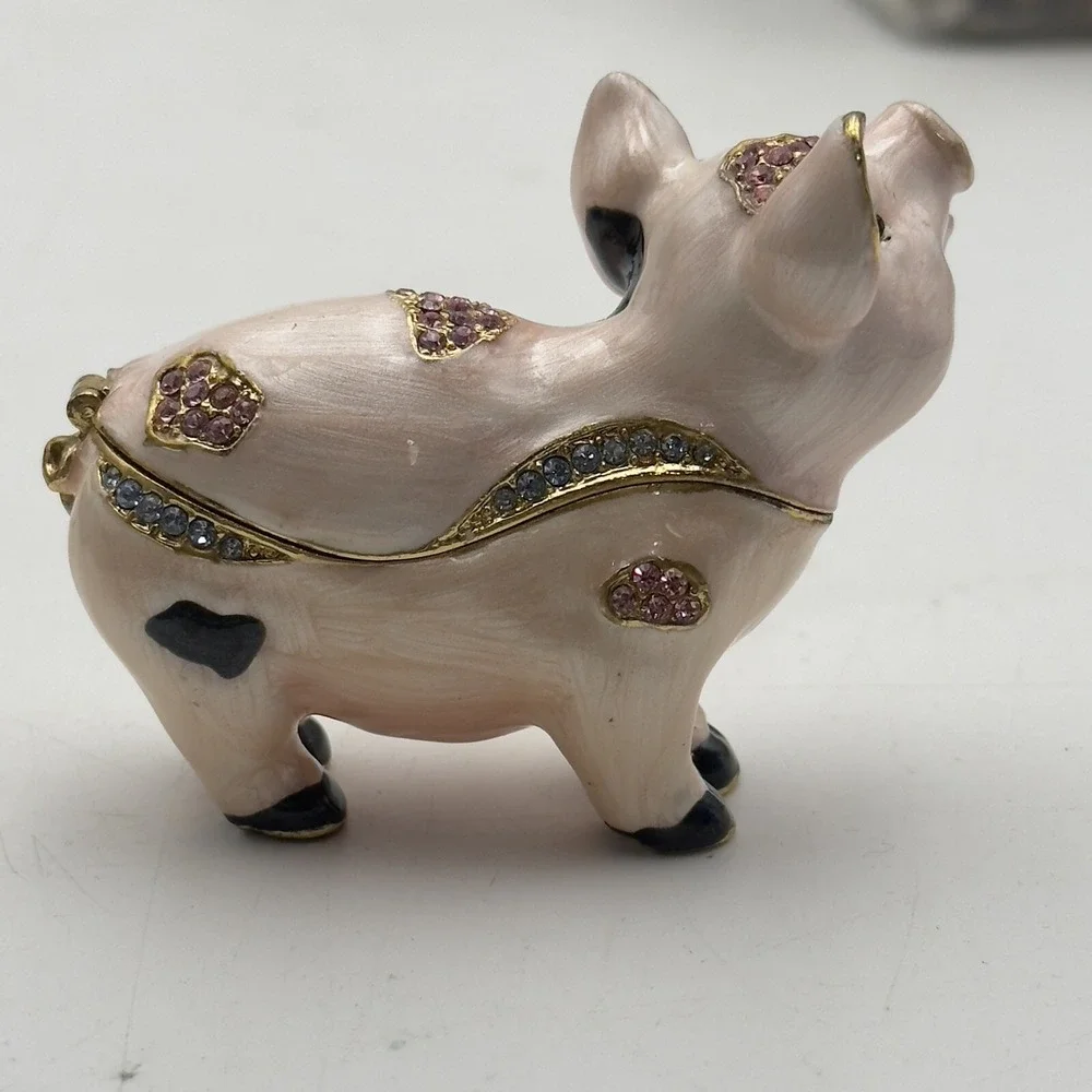 Bejeweled Enameled Pewter Spotted Pig Trinket Box With Crystals Pink Black
